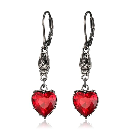 Clearine Halloween Vintage Gothic Ohrringe für Damen, Glänzende Strass Rot Herz Hängeohrringe Vampir Kostümschmuck Cosplay Party Prom Zubehör Rubin Schwarz-Ton von Clearine