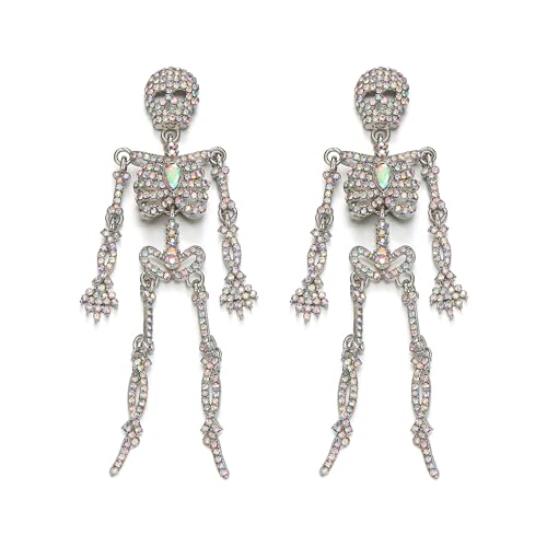 Clearine Halloween Vintage Punk Skull Ohrringe für Damen, Kostüm Gothic funkelnden Strass Tropfen Ohrring für Cosplay Party Prom Schmuck Zubehör Iridescent AB Silber-Ton von Clearine