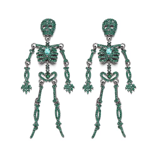 Clearine Halloween Vintage Punk Totenkopf Ohrringe für Damen, Kostüm Gothic funkelnden Strass Tropfen Ohrring für Cosplay Party Prom Schmuck Zubehör Grün Schwarz-Ton von Clearine