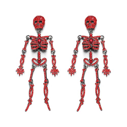 Clearine Halloween Vintage Punk Totenkopf Ohrringe für Damen, Kostüm Gothic funkelnden Strass Tropfen Ohrring für Cosplay Party Prom Schmuck Zubehör Rubin Schwarz-Ton von Clearine