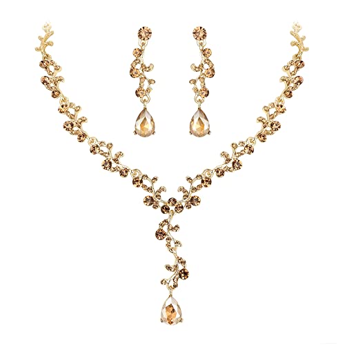 Clearine Halskette + Ohrringe Set Hochzeit Braut Blatt Kristall schmuck-Set Braun Gold-Tone von Clearine