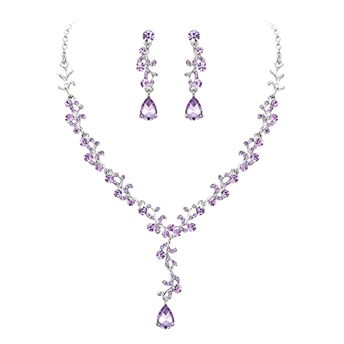 Clearine Halskette Ohrringe Set Hochzeit Braut Blatt Kristall schmuck-Set Lila Silber-Ton von Clearine