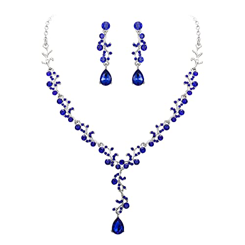 Clearine Halskette + Ohrringe Set Hochzeit Braut Blatt Kristall schmuck-Set Marineblau Silber-Ton von Clearine