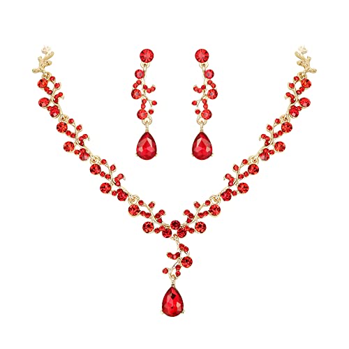 Clearine Halskette + Ohrringe Set Hochzeit Braut Blatt Kristall schmuck-Set Rubin-Rot Silber-Tone von Clearine