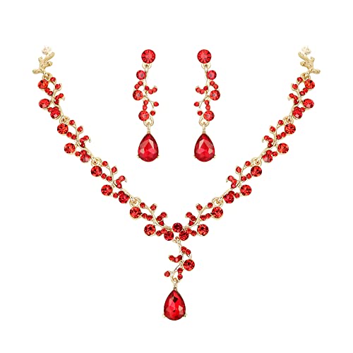 Clearine Halskette Ohrringe Set Hochzeit Braut Blatt Kristall schmuck-Set Rubin-Rot Silber-Tone von Clearine