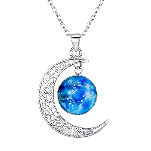 Clearine Sternbild Steinbock Halskette Damen 925 Sterling Silber Horoskop 12 Konstellation Galaxis & Halbmond Mond Münze Blau Anhänger Hals-Schmuck Steinbock von Clearine