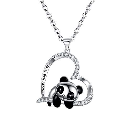 Clearine Halskette Panda mit Liebe Herz 925 Sterling Silber niedlichen Form Cubic Zirconia Kristall Anhänger Kette für Damen Mädchen (Gravur) von Clearine