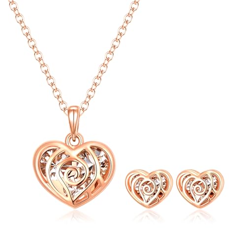 Clearine Herz Anhänger Halskette Ohrstecker Set Elegante klare österreichische Kristall und Rose Gold-Ton Valentinstag/Muttertag Geburtstag Weihnachten Schmuck-Set für Damen Mädchen von Clearine
