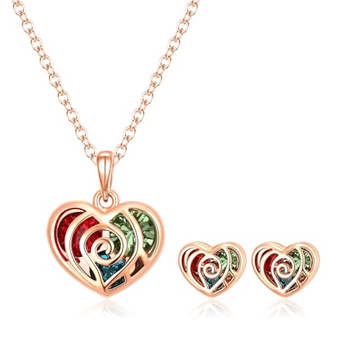 Clearine Herz Anhänger Halskette Ohrstecker Set Elegante mehrfarbig österreichische Kristall und Rose Gold-Ton Valentinstag/Muttertag Geburtstag Weihnachten Schmuck-Set für Damen Mädchen von Clearine