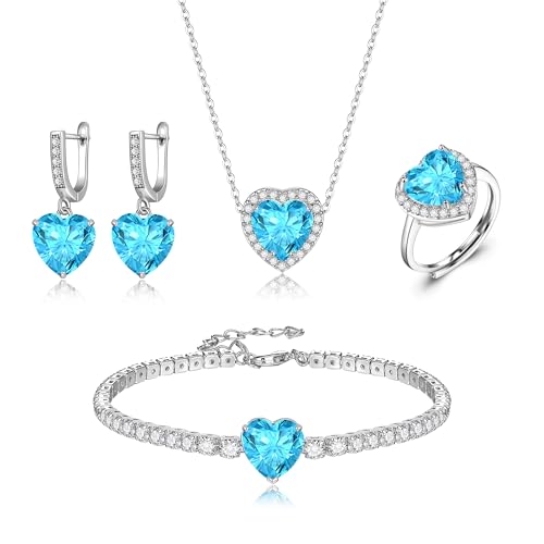 Clearine Herz-Schmuck-Set für Damen Mädchen, versilbert hellblau Cubic Zirkonia Anhänger Halskette baumeln Ohrringe öffnen Ring Tennis Armband Set Muttertag Valentinstag Geburtstag Geschenk von Clearine