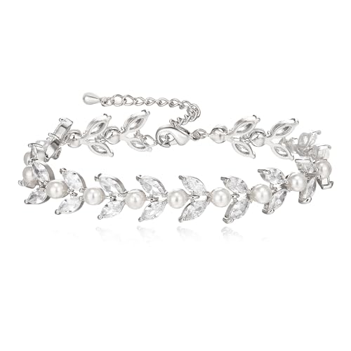 Clearine Hochzeit Braut Brautjungfer Marquise Cubic Zirkonia simulierte Perle Tennis Armbänder für Damen Prom Silber Brautschmuck von Clearine