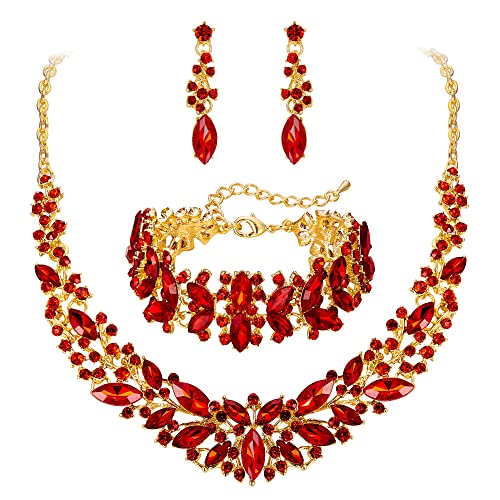 Clearine Hochzeit Braut Halskette,Ohrringe und Armband Schmuck Set für Frauen Kristall Marquise Cluster Halsband Set Silber-Ton Klar (Rubin-Rot Gold-Tone) von Clearine