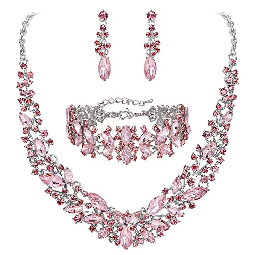 Clearine Hochzeit Braut Halskette,Ohrringe und Armband Schmuck Set für Frauen Kristall Marquise Cluster Halsband Set Silber-Ton Klar (Silber-Ton Rose) von Clearine