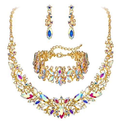 Clearine Hochzeit Braut Halskette Ohrringe und Armband Schmuck Set für Damen Kristall Marquise Cluster Halsband Iridescent AB Gold Tone Clearine Hochzeit Braut Halskette Ohrringe und Armband Schmuck Set für Damen Kristall Marquise Cluster Halsband Iridescent AB Gold Tone von Clearine