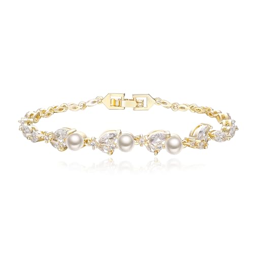 Clearine Hochzeit Braut Perle Armband für Damen, Elegant Sparkle Marquise Cubic Zirkonia Tennis Armband, Gold plated Partei Prom Schmuck von Clearine