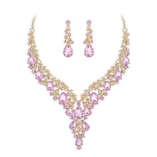 Clearine Hochzeit Schmuck-Set Tropfen Strass Cluster Statement Halskette und Ohrhänger-Set Kostümschmuck für Damen Rosa Gold-Ton von Clearine