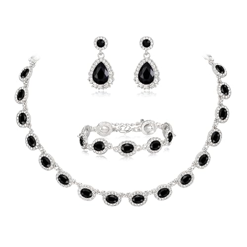 Clearine Hochzeit Modeschmuck Set für Damen Braut Brautjungfern, Oval Kristall Kragen Statement Halskette Teardrop durchbohrt baumeln Ohrringe Link Armband Set für Prom Party Schwarz Silber-Tone von Clearine