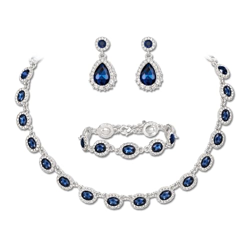 Clearine Hochzeit Modeschmuck Set für Damen Braut Brautjungfern Oval Kristall Kragen Statement Halskette Teardrop durchbohrt baumeln Ohrringe Link Armband für Prom Party Saphir Silber Ton von Clearine