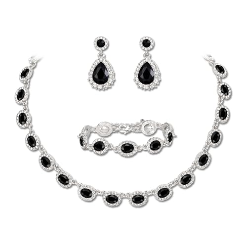 Clearine Hochzeit Modeschmuck Set für Damen Braut Brautjungfern Oval Kristall Kragen Statement Halskette Teardrop durchbohrt baumeln Ohrringe Link Armband für Prom Party Schwarz Silber Tone von Clearine