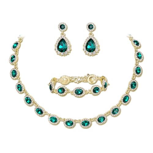 Clearine Hochzeit Modeschmuck Set für Damen Braut Brautjungfern Oval Kristall Kragen Statement Halskette Teardrop durchbohrt baumeln Ohrringe Link Armband für Prom Party Smaragd Grün Gold Ton von Clearine