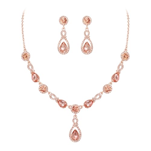 Clearine Hochzeit Runde Teardrop Kristall-Schmuck-Set für Damen, Gorgeous Bridal Pear-Shape Strass Halskette Ohrringe Set für Braut Brautjungfer Champagner Rose Gold-Tone von Clearine