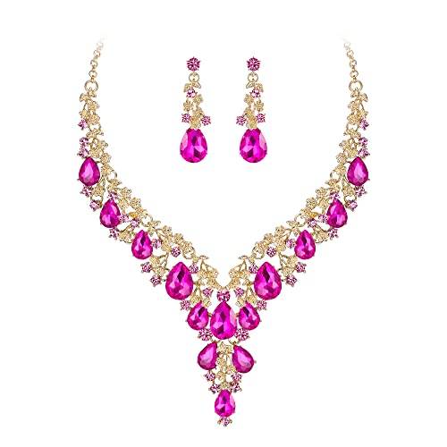 Clearine Hochzeit Schmuck-Set Tropfen Strass Cluster Statement Halskette und Ohrhänger-Set Kostümschmuck für Damen Fuchsia Gold-Ton von Clearine