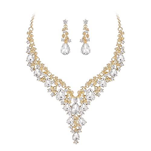 Clearine Statement Schmuck-Set Tropfen Strass Cluster Statement Halskette und Ohrhänger-Set Kostümschmuck für Damen Klar Gold-Tone von Clearine