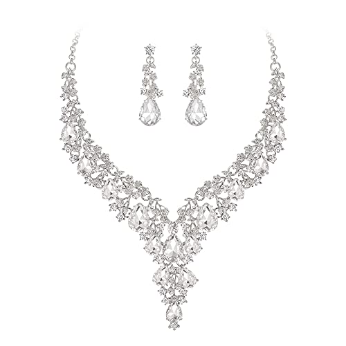 Clearine Hochzeit Schmuck-Set Tropfen Strass Cluster Statement Halskette und Ohrhänger-Set Kostümschmuck für Damen Klar Silber-Ton von Clearine