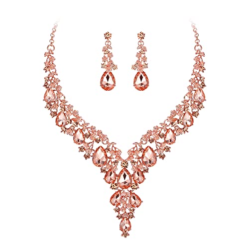 Clearine Hochzeit Schmuck-Set Tropfen Strass Cluster Statement Halskette und Ohrhänger-Set Kostümschmuck für Damen Pfirsichfarbener Roségold-Ton von Clearine