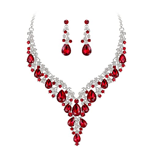 Clearine Hochzeit Schmuck-Set Tropfen Strass Cluster Statement Halskette und Ohrhänger-Set Kostümschmuck für Damen Rubin-Rot Silber-Tone von Clearine