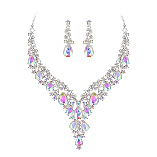 Clearine Hochzeit Schmuck-Set Tropfen Strass Cluster Statement Halskette und Ohrhänger-Set Kostümschmuck für Damen Schillernder AB-Silberton von Clearine