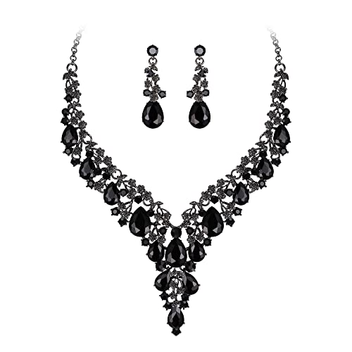 Clearine Hochzeit Schmuck-Set Tropfen Strass Cluster Statement Halskette und Ohrhänger-Set Kostümschmuck für Damen Schwarz Schwarz-Ton von Clearine