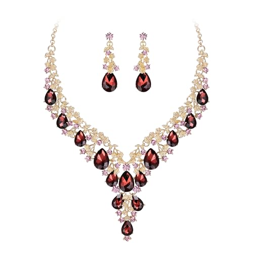 Clearine Hochzeit Schmuck-Set Tropfen Strass Cluster Statement Halskette und Ohrhänger-Set Kostümschmuck für Damen Tiefe Amethyst-Farbe Gold-Ton von Clearine