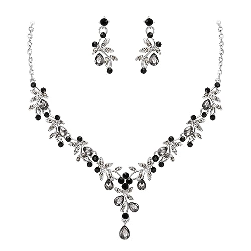 Clearine Hochzeit Schmuck-Set für Damen Braut, Y-Halskette baumeln Ohrringe Set beeindruckende Kristall Teardrop Blatt Blume Cluster Prom-Schmuck für Braut Brautjungfer Grau Silber-Ton von Clearine
