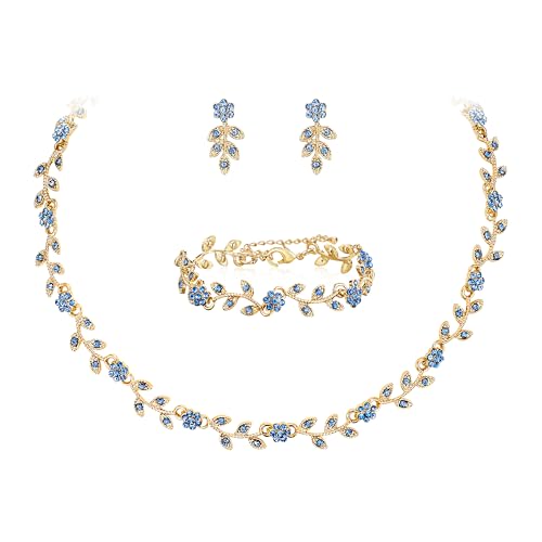 Clearine Hochzeit Schmuck-Set für Damen Braut, wunderschöne beeindruckende Kristall Blume Blatt Cluster Choker Halskette Link Armband Ohrstecker Set für Braut Brautjungfer Blau Gold-Tone von Clearine