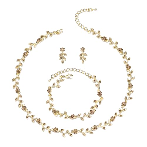 Clearine Hochzeit Schmuck-Set für Damen Braut, wunderschöne beeindruckende Kristall Blume Blatt Cluster Choker Halskette Link Armband Ohrstecker Set für Braut Brautjungfer Champagner Gold-Tone von Clearine