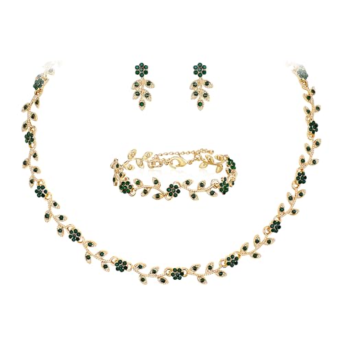 Clearine Hochzeit Schmuck-Set für Damen Braut, wunderschöne beeindruckende Kristall Blume Blatt Cluster Choker Halskette Link Armband Ohrstecker Set für Braut Brautjungfer Emerald Gold-Tone von Clearine