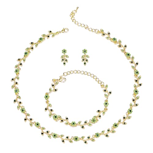Clearine Hochzeit Schmuck-Set für Damen Braut, wunderschöne beeindruckende Kristall Blume Blatt Cluster Choker Halskette Link Armband Ohrstecker Set für Braut Brautjungfer Grün Gold-Tone von Clearine