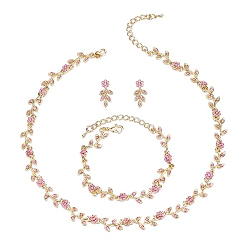 Clearine Hochzeit Schmuck-Set für Damen Braut, wunderschöne beeindruckende Kristall Blume Blatt Cluster Choker Halskette Link Armband Ohrstecker Set für Braut Brautjungfer Rosa Gold-Tone von Clearine
