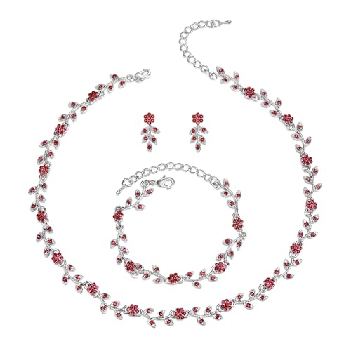 Clearine Hochzeit Schmuck-Set für Damen Braut, wunderschöne beeindruckende Kristall Blume Blatt Cluster Choker Halskette Link Armband Ohrstecker Set für Braut Brautjungfer Rot Silber-Ton von Clearine