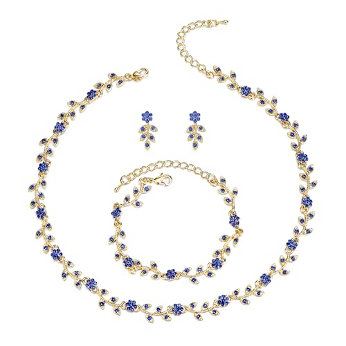 Clearine Hochzeit Schmuck-Set für Damen Braut, wunderschöne beeindruckende Kristall Blume Blatt Cluster Choker Halskette Link Armband Ohrstecker Set für Braut Brautjungfer dunkel blau Gold-Tone von Clearine
