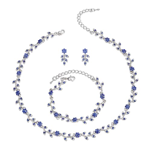 Clearine Hochzeit Schmuck-Set für Damen Braut, wunderschöne beeindruckende Kristall Blume Blatt Cluster Choker Halskette Link Armband Ohrstecker Set für Braut Brautjungfer dunkel blau Silber-Ton von Clearine