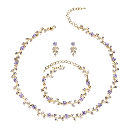 Clearine Hochzeit Schmuck Set für Damen Braut wunderschöne beeindruckende Kristall Blume Blatt Cluster Choker Halskette Link Armband Ohrstecker für Braut Brautjungfer hell lila Gold Tone von Clearine