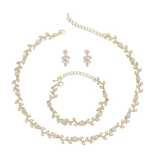Clearine Hochzeit Schmuck-Set für Damen Braut, wunderschöne beeindruckende Kristall Blume Blatt Cluster Choker Halskette Link Armband Ohrstecker Set für Braut Brautjungfer klar Gold-Tone von Clearine