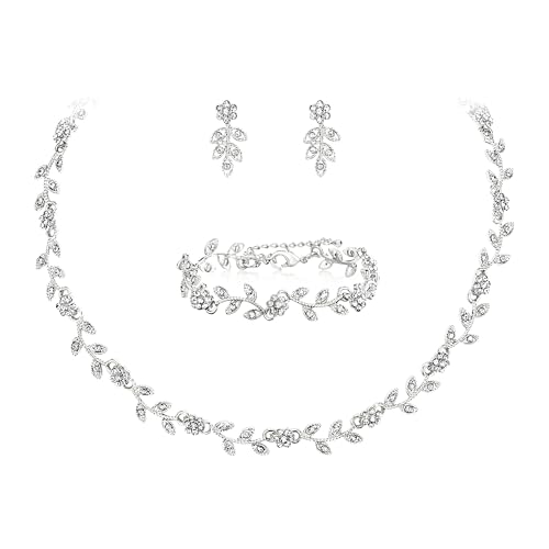 Clearine Hochzeit Schmuck-Set für Damen Braut, wunderschöne beeindruckende Kristall Blume Blatt Cluster Choker Halskette Link Armband Ohrstecker Set für Braut Brautjungfer klar Silber-Ton von Clearine