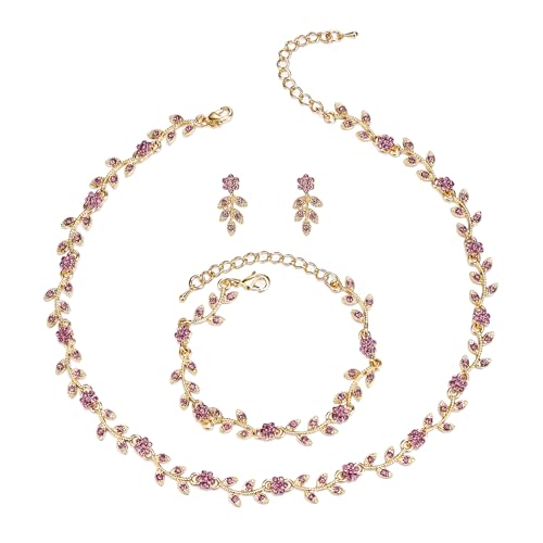 Clearine Hochzeit Schmuck-Set für Damen Braut, wunderschöne beeindruckende Kristall Blume Blatt Cluster Choker Halskette Link Armband Ohrstecker Set für Braut Brautjungfer lila Gold-Tone von Clearine