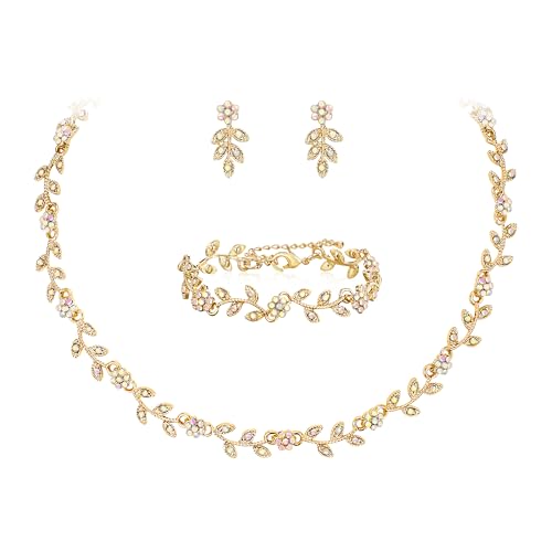 Clearine Hochzeit Schmuck-Set für Damen Braut, wunderschöne beeindruckende Kristall Blume Blatt Cluster Choker Halskette Link Armband Ohrstecker Set für Braut Brautjungfer schillernde AB Gold-Tone von Clearine