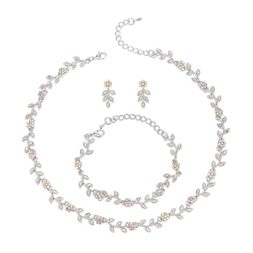 Clearine Hochzeit Schmuck-Set für Damen Braut, wunderschöne beeindruckende Kristall Blume Blatt Cluster Choker Halskette Link Armband Ohrstecker Set für Braut Brautjungfer schillernde AB Silber-Ton von Clearine