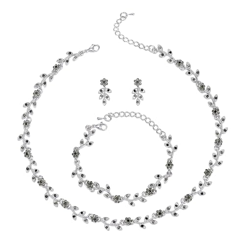 Clearine Hochzeit Schmuck Set für Damen Braut wunderschöne beeindruckende Kristall Blume Blatt Cluster Choker Halskette Link Armband Ohrstecker für Braut Brautjungfer Grau Schwarz Silber Ton von Clearine
