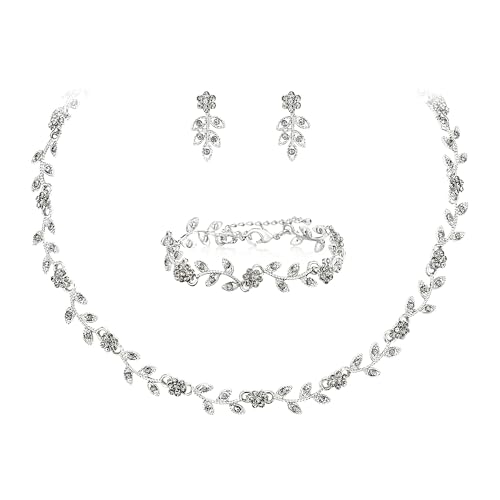 Clearine Hochzeit Schmuck Set für Damen Braut wunderschöne beeindruckende Kristall Blume Blatt Cluster Choker Halskette Link Armband Ohrstecker für Braut Brautjungfer Grau Silber Ton von Clearine
